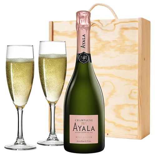 Ayala Rose Majeur Champagne 75cl And Flutes In Pine Wooden Gift Box